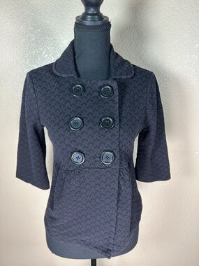 Black Textured Double-Breasted Peacoat Jacket Size Medium Statement Buttons